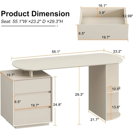 55inch Computer Desk with Drawers and Storage Shelves for Home Office, Modern Simple Style Writing Desk