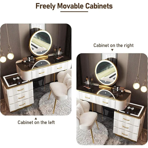 Makeup Vanity Set with Wireless Charging Station, Dressing Table with Mirror and Lights, Vanity Desk with Storage Cabinet and