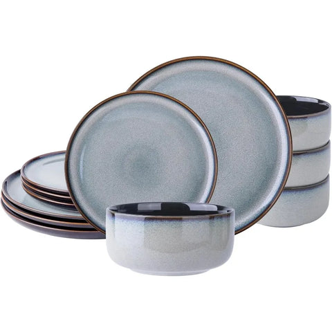 Ceramic Dinnerware Sets,12-Piece Plates and Bowls,Handmade Reactive Glaze Dishes Set,Chip Resistant and Scratch Resistant