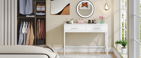 Modern White 41 Inches Computer Desk with 2 Drawers Home Office Bedroom Table Study Writing Desk Metal Frame