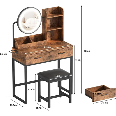 Makeup Vanity Desk with Mirror and Lights Makeup Table, Small Vanity Table for Bedroom with Lots Storage 3 Lighting Modes 31.5in