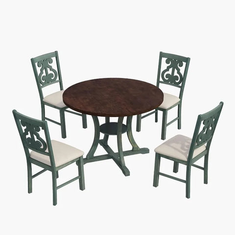 5-Piece Round Dining Table and Chair Set, Round Dining Table with Shelf, Wood Table Set for Family Dining Area