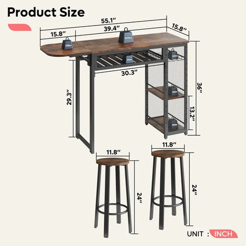 Bar Table and Chair Set, Expandable 2 Bar Stools, Industrial Kitchen Counter Wine Rack & 3 Tier Adjustable Storage Shelves