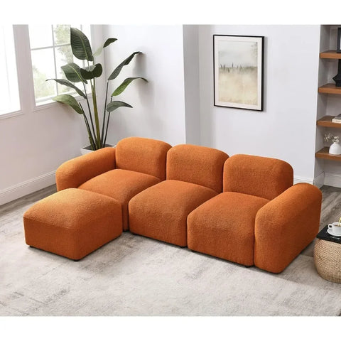 94” Living Room Sofas with Ottoman, 3-Seater, Boucle Fabric L-Shaped Modern Bubble Couch, Convertible Modular Sectional Sofas