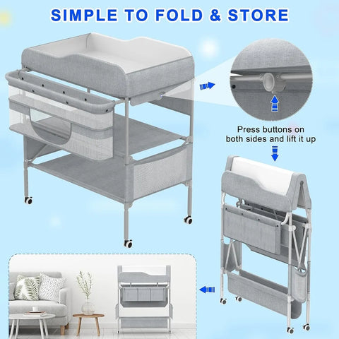 Portable Baby Changing Table, Foldable Changing Table Dresser Baby Changing Station, Height Adjustable Waterproof Diaper