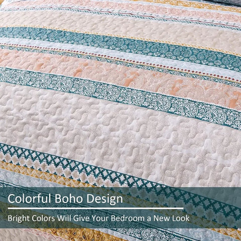 Boho Quilt Set , Yellow Bohemian 3 Pieces Quilt Sets, Lightweight Microfiber Bedspread Coverlet Bedding Set for All Season