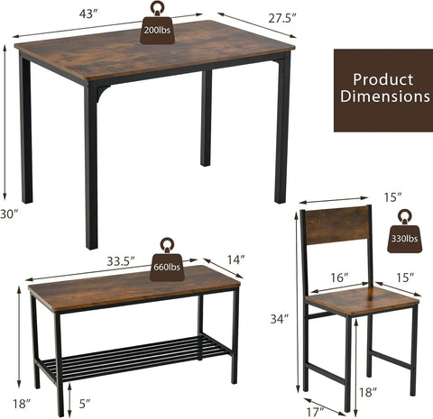 Dining Table Set for 4, Kitchen Table with Bench and Chairs, Industrial Gathering Bench Dining Set W/Metal Frame & Storage Rack