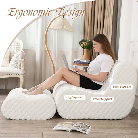 Bean Bag Chair with Footstool, Modern Lazy Sofa Chair with Comfy Jacquard Shaggy Plush