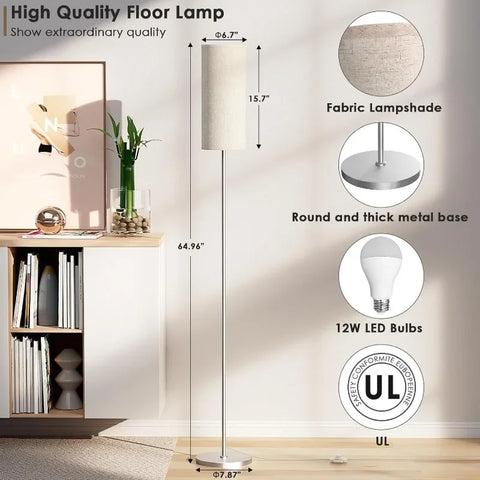 Floor Lamp for Living Room, Modern Standing lamp with Remote Control, Stepless Dimmable 12W Bulb & Beige Lampshade Included