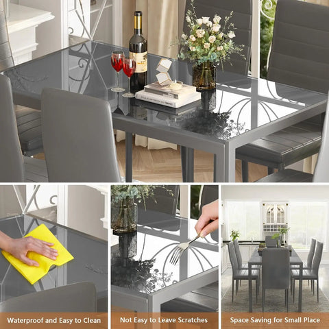 7 Piece Kitchen 6 Person, Tempered Glass Table and PU Leather Chairs Modern Dining Room Sets for Small Space, Dining Table Set