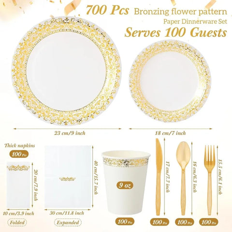 700 Pcs Disposable Dinnerware Set for 100 Guests Include 200 Paper Plates, 300 Plastic Silverware, 100 Paper Cups, 100 Napkins