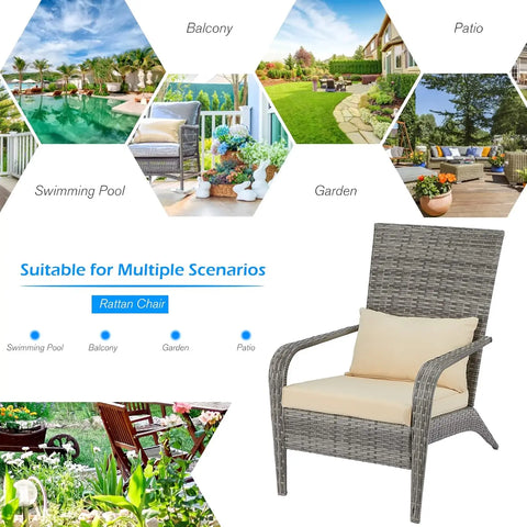 Patio Adirondack Wicker Chair, Outdoor Wicker Chair with Cushion and Pillow, All Weather High Back Rattan for Garden, Backyard