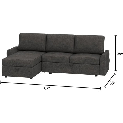 Pull Out Sofa Bed, Modern Tufted Convertible Sleeper Sofa, L Shaped Sofa Couch with Storage Chaise, Chenille Sectional Couch Bed