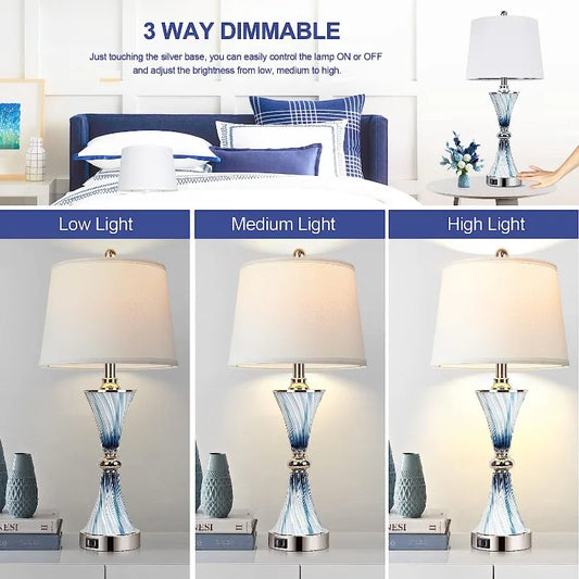 Set of 2 Blue Glass Table Lamps for Bedrooms with 2 USB ports 3-Way Dimmable Bedside Lamps, Nightstand Lamps with 2 LED Bulbs