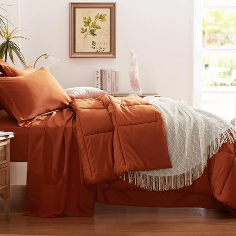 Anluoer Queen Comforter Set 7 Piece, Burnt Orange Bed in a Bag with Sheets, All Season Terracotta Bedding Comforter Sets