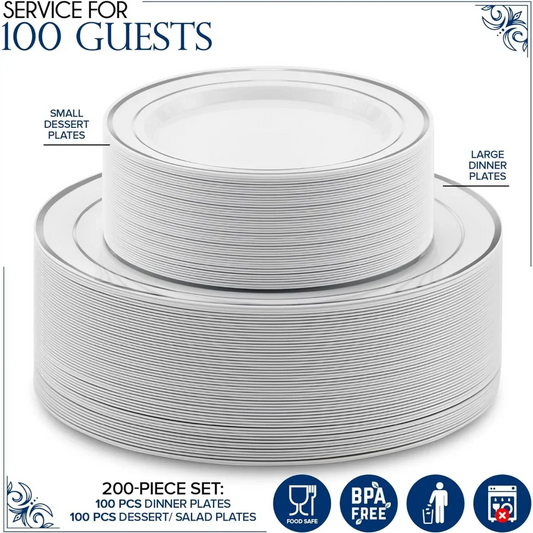 Dinner and Dessert Plates Set Disposable (200 Pieces) 10" + 7" White and Silver Plastic Plates for Party 100 Guest