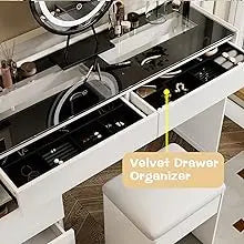 Makeup Vanity Desk Set with Lighted Mirror, Glass Top & Drawer Organizer,Lots Storage and Movable Cabinet for Bedroom, White