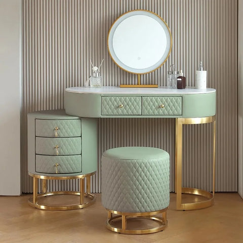 Luxury Faux Leather Vanity Desk with Mirror Makeup Table with Drawers & Vanity Stool