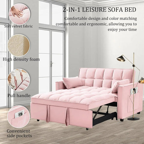 Couch Bed, Velvet Convertible Loveseat Sleeper Sofa with Level Adjustable Backrest, Storage Toss Pillows, Pull Out Sleeper