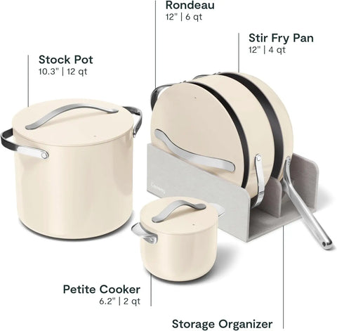 Caraway Cookware+ Collection - Specialty Cookware Set - Petite Cooker, Stir Fry Pan, Rondeau, & Stock Pot - 3 Lids & Storage