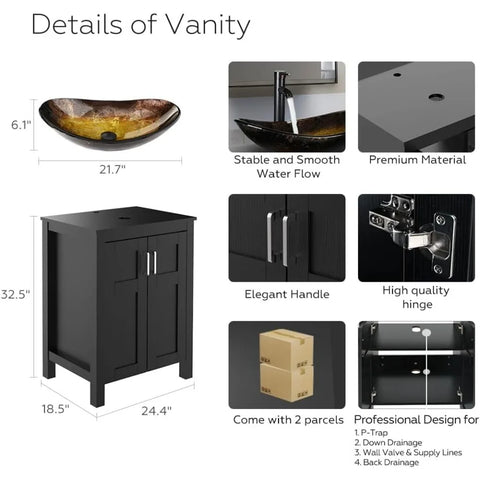 24 inch Bathroom Vanity Set - Combo MDF Sink Cabinet Vanity with Counter Top Glass Vessel Sink Vanity and 1.5 GPM Faucet