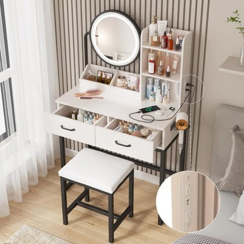 Makeup Vanity Desk with Mirror and Lights Makeup Table, Small Vanity Table for Bedroom with Lots Storage 3 Lighting Modes 31.5in