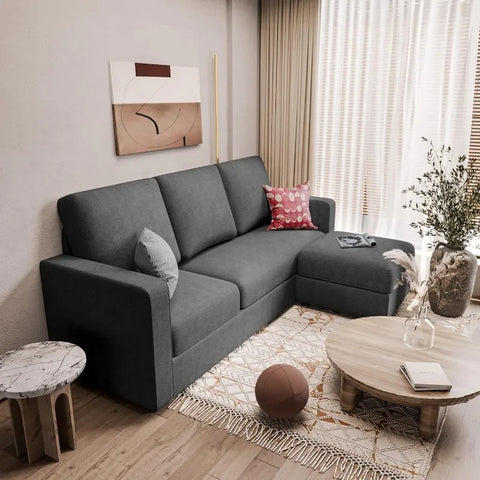 Convertible Sectional Sofa Couch, Fabric L-Shaped Sofa with 3 Seats, Removable Ottoman, Small Sofa for Small Apartments