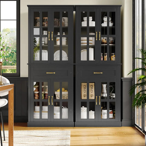 Kitchen Cabinet, Tall Cabinet with Glass Doors and Drawer, Freestanding Pantry Hunch with Adjustable Shelves, Cabinets Kitchen