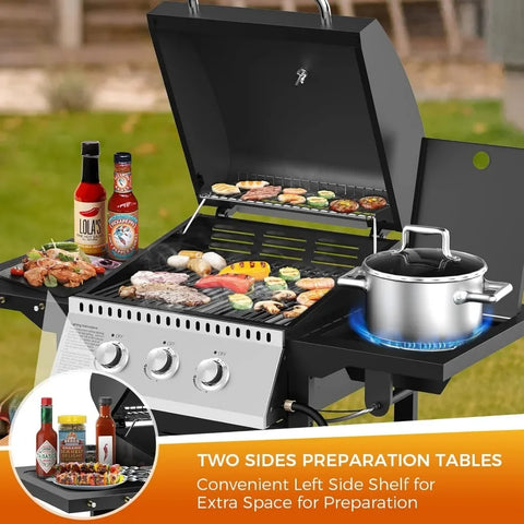 BBQ Gas Grill，30,000 BTU Ideal for Outdoor Cooking, 3 Burner Propane, Easy To Clean and Maintain, Barbecue Grill