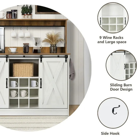 4ever2buy Farmhouse Coffee Bar Cabinet with 6 Hooks, White Coffee Bar with Storage, Kitchen Buffet Cabinet with Adjustable Shelv