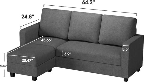 Convertible Sectional Sofa Couch, Fabric L-Shaped Sofa with 3 Seats, Removable Ottoman, Small Sofa for Small Apartments