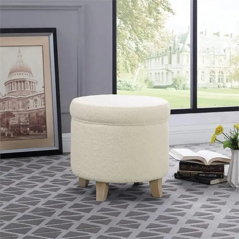 Round Transitional Faux Sheepskin Fabric Storage Ottoman Home Décor|Upholstered Round Foot Rest Ottoman- Light Cream Large