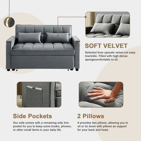 3-in-1 2-Seater Loveseat Pull Out Couch Reclining Backrest,Toss Pillows Pockets-Perfect for Small Spaces Velvet Sleeper Sofa Bed