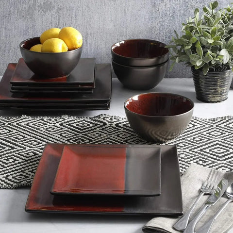 Square Reactive Glaze Stoneware Dinnerware Set, Service for 4 (16pcs),  Set Vaisselle Complet， Dishes and Plates Sets