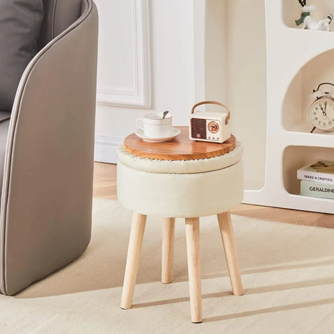 Ottoman storage linen circular dressing table stool, modern multi-functional cushioned footstool with wooden legs