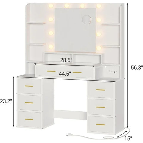 Glass Top Makeup Vanity Table with 10x Magnifying Mirror, Vanity Desk with Mirror and Lights & Charging Station, Stoarge Drawers