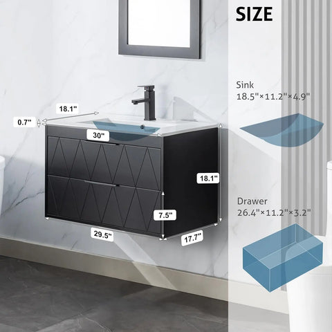 30" Bathroom Vanities Cabinet with Sink Combo, W/Decor Line, Soft-Close System, 2 Extra Big Drawers, Matte Black Faucet