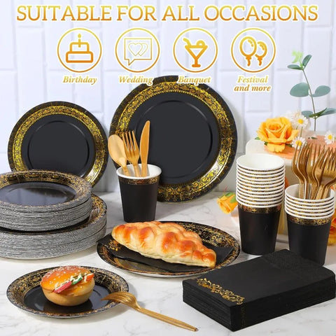 700 Pcs Disposable Dinnerware Set for 100 Guests Include 200 Paper Plates, 300 Plastic Silverware, 100 Paper Cups, 100 Napkins