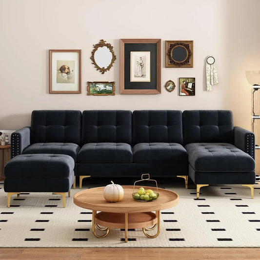 Velvet Modern Large Sectional Sofa, U Shape Upholstered Couch with Chaise, Convertible Sofa Couch with Movable Ottoman