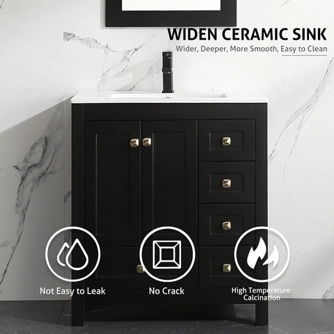 30" Bathroom Vanities Cabinet with Sink Combo Set, Undermount Ceramic Sink w/Thickened Wood, Matte Black Faucet