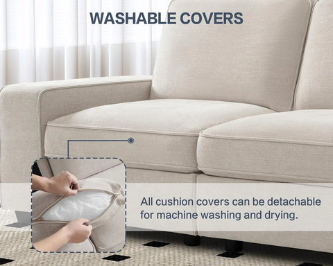 100" Comfy Sofa Couch with Storage, Modern Sofa, Sectional Sofa Couches, Side Pocket Washable Cushion Cover, Beige Chenille