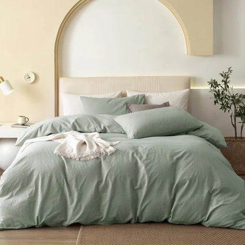 100% Washed Cotton Duvet Cover Set Comfy Simple Style Soft Breathable Textured Durable Linen Feel Bedding