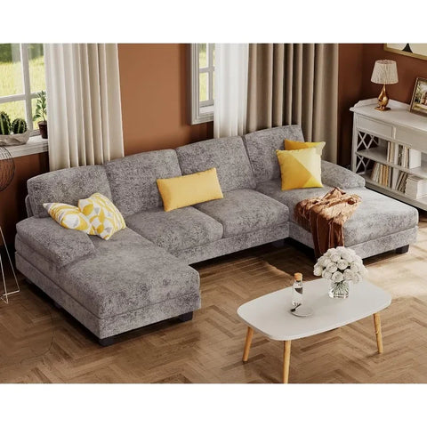 Sectional Couches for Living Room, U-Shaped Sofa Couch with Linen Fabric, 4 Seat Sofa Set with Double Chaise for Apartment