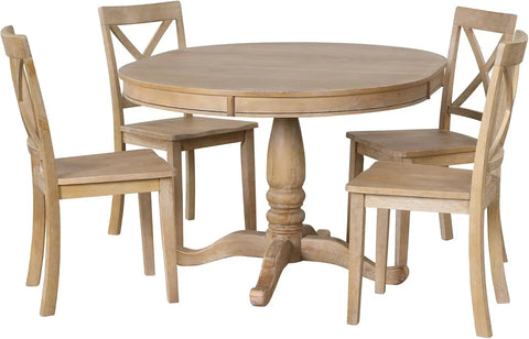 5-Piece Farmhouse Dining Table Set Wood Round Extendable Dining Table and 4 Upholstered Dining Chairs