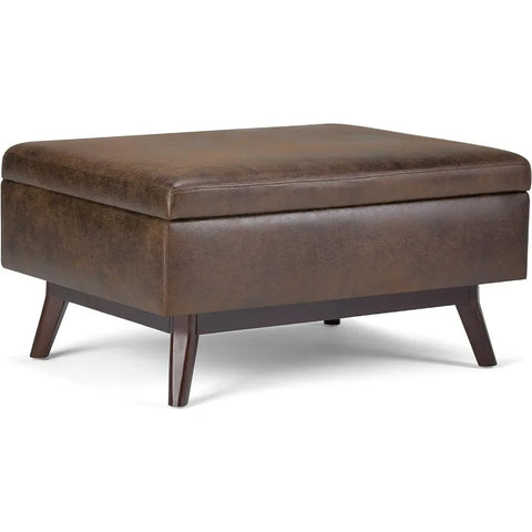 Ottoman,34 Inch Wide Lift Top Storage In Upholstered Distressed Chestnut Brown Faux Leather, Stool Chair