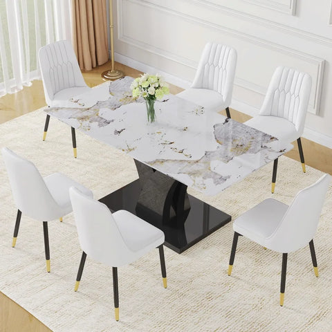 Modern Dining Room Table Set for 6, Faux Marble Kitchen Table and 6 PU Leather Chairs, 67” Rectangular Tempered Glass Table Set