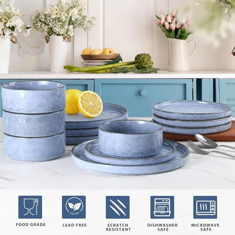 Dinnerware Dish Sets for 4, 12 Piece Stoneware Plates and Bowls Sets, Kitchen Dinner Set for Dessert Salad Pasta