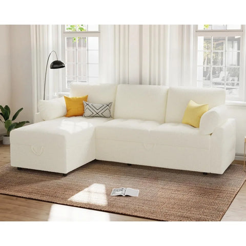 Pull Out Sofa Bed, Modern Tufted Convertible Sleeper Sofa, L Shaped Sofa Couch with Storage Chaise, Chenille Sectional Couch Bed