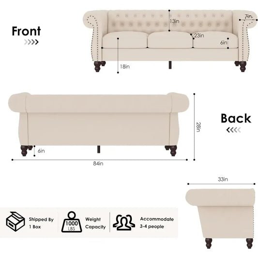 84"W Modern Couch with Deep 3-Seat, Full Handcrafted Button Tufted and Wide Rolled Arms, 3 Seater Sofa in Linen Upholstered