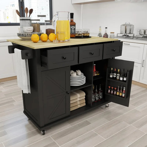 Kitchen Cart on Wheels with Drop Leaf,Rolling Kitchen Island with Storage Cabinet and 3 Drawers,Spice Rack,Towel Rack